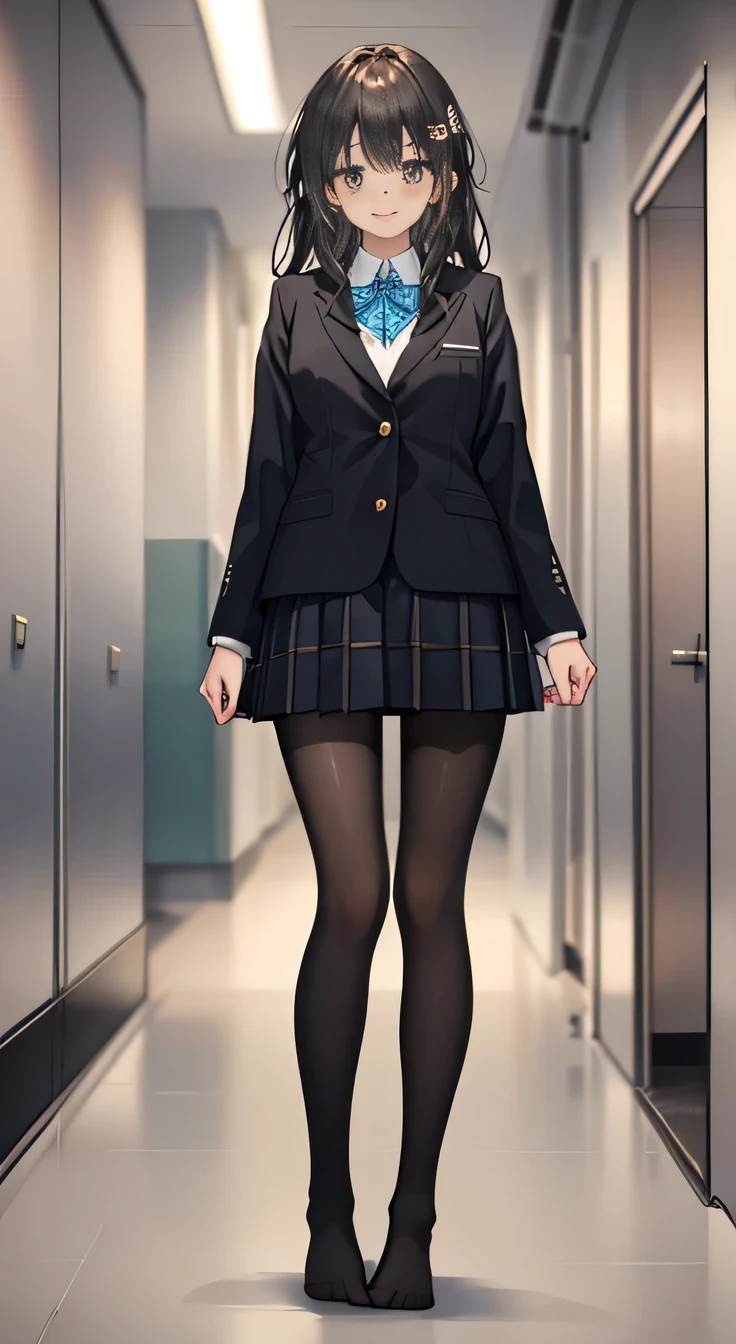 Top quality, masterpiece, High resolution, (Head to toe full body), front, frontComposition from slightly below, Symmetric, 18-year-old girl, alone, (Head to toe), Black Hair (black tights), ( (Black Pantyhose), Black Pantyhose,  Thin legs, Very beautiful 18-year-old girl, (No shoes),Standing in the hallway、 smiling looking at camera, blazer uniform、Checkered Pleated Skirt