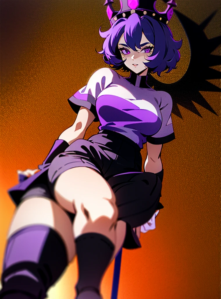 1 girl with short hair half white and half dark purple, with a dark sports shirt, dark purple eyeliner, an infernal crown on her head, black shorts and heels, a cape, mesh stockings, long ones, delicious, with black and purple marks on the skin