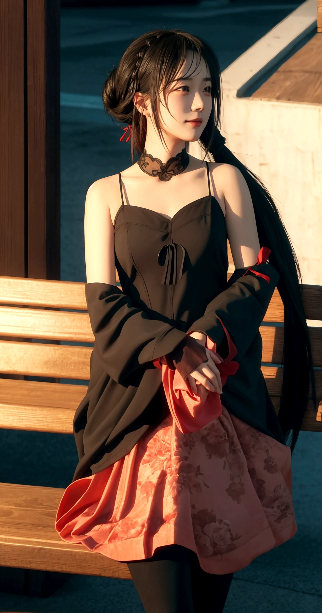 ltra-detailed,highly detailed,best quality,masterpiece,illustration,realistic,photorealistic,
tokisaki kurumi, 1girl, solo,smile,
chinese clothes, china dress, bare shoulders, thighhighs, feather shawl, side slit,
twintails, long hair, hair over one eye, hair bun, double bun, bun cover,
looking at viewer,walking, 
branch, outdoors, flower, river, bench, wind,floating hair, falling petals,
 