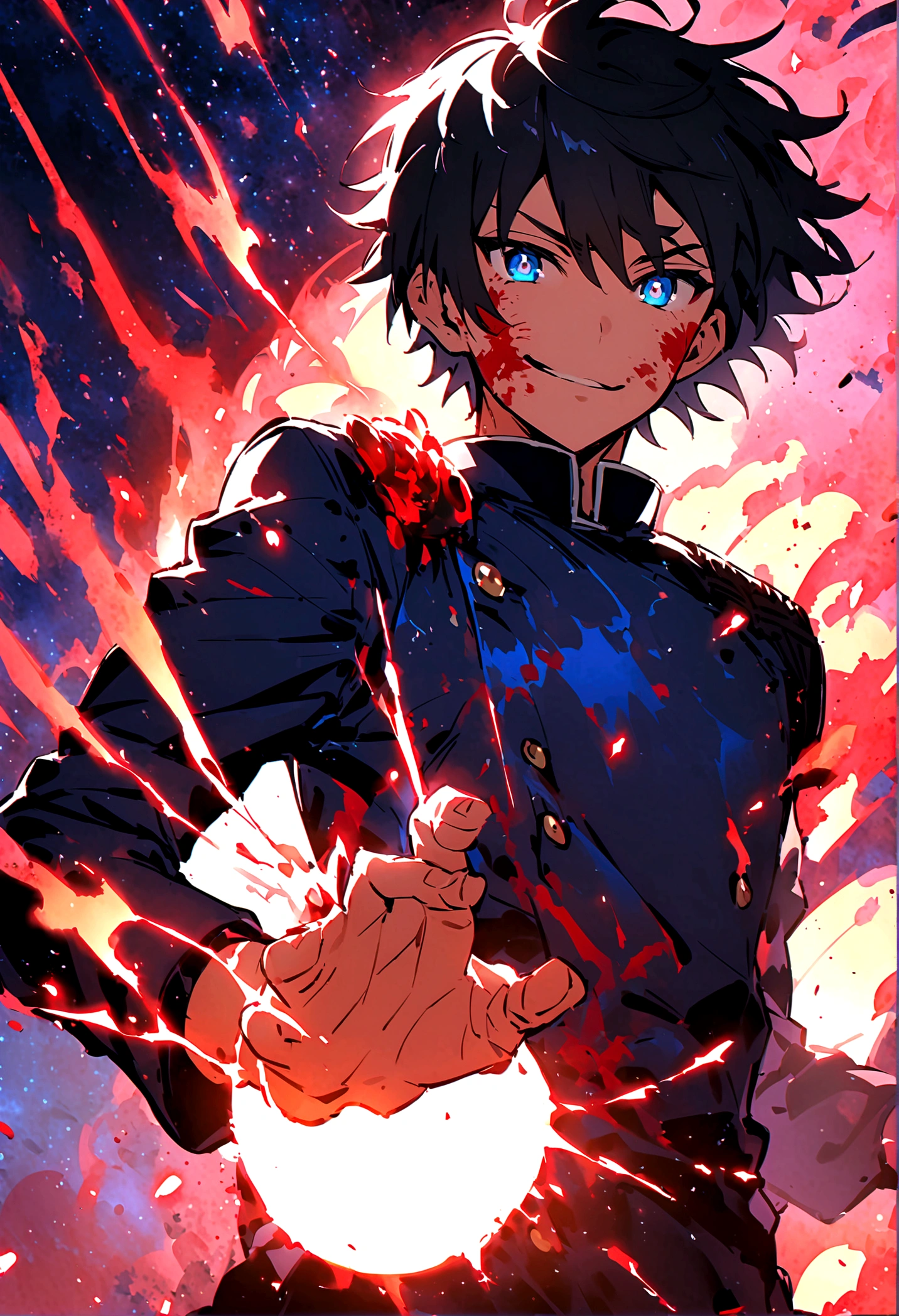 Anime ager boy who has Black hair with glowing blue eyes that looks like gojo's eyes wearing Jujutsu high uniform charging a red glowing blast above his 2 fingers as he forms a gun hand sign while smirking with his mouth opened as his eyes glowing blue and wide opened looks so rare background a space with a black hole behind him as he float in the space his face was covered with blood and he has some body injuries as he's about to shoot the red blast