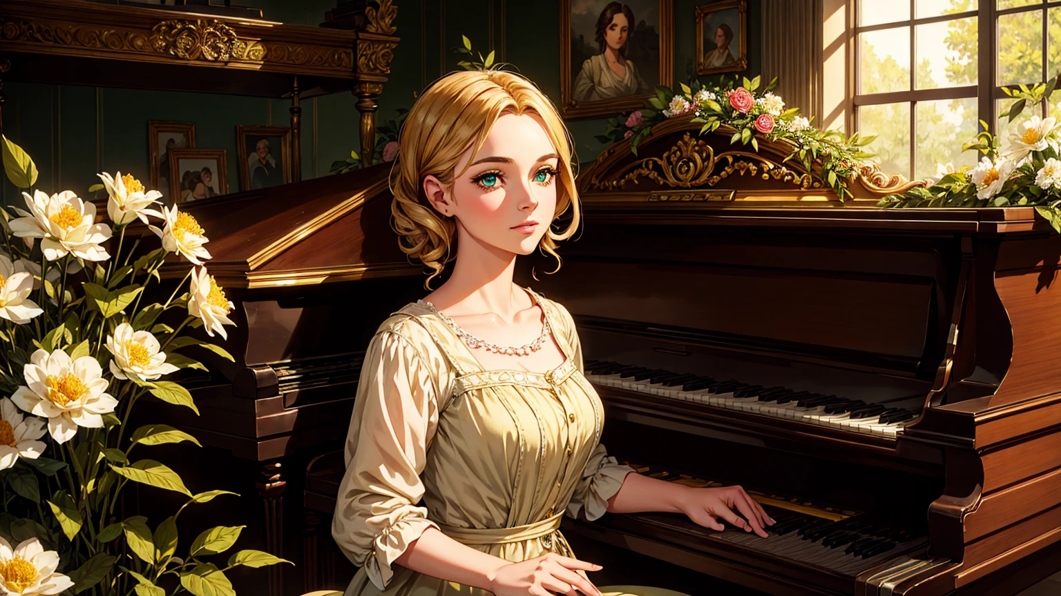 A beutiful realistic scene of a lady in a old fashioned dress; her face has green and perfect eyes; the background is large and vintage, inside a ancient house with a golden piano and a lot of flowers; masterpiece.