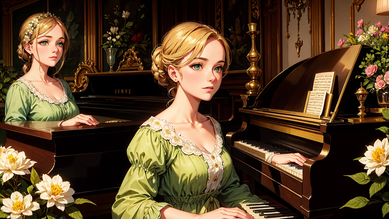 A beutiful realistic scene of a lady in a old fashioned dress; her face has green and perfect eyes; the background is large and vintage, inside a ancient house with a golden piano and a lot of flowers; masterpiece.