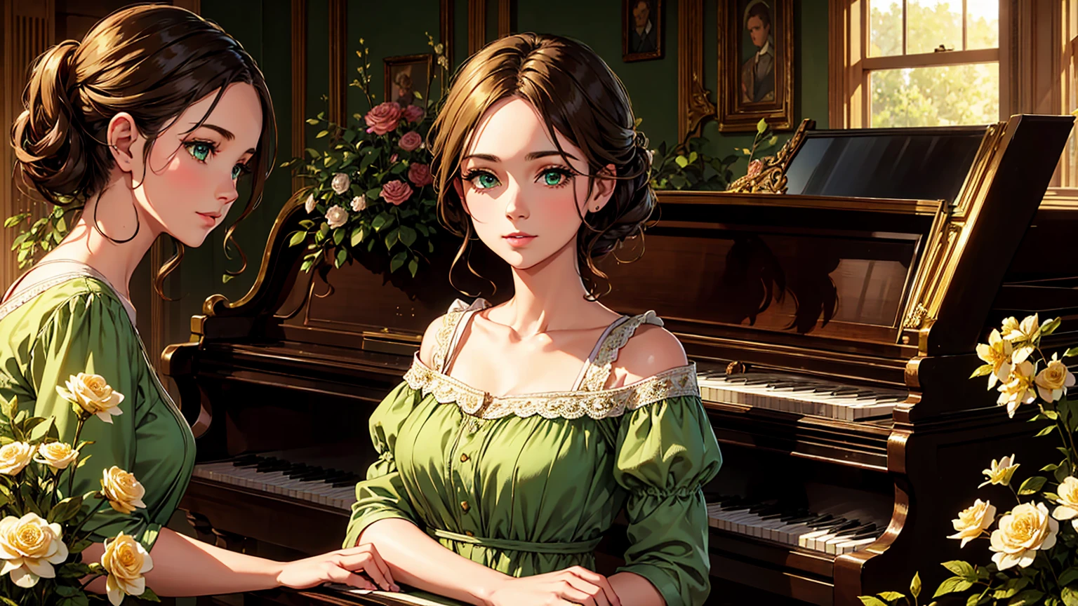 A beutiful realistic scene of a lady in a old fashioned dress; her face has green and perfect eyes; the background is large and vintage, inside a ancient house with a golden piano and a lot of flowers; masterpiece.