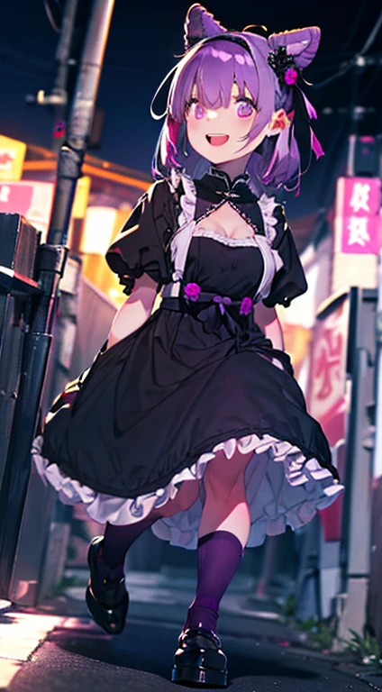 Best image quality、(((Full Body Lesbian))),Character portrait、Excellent style、Beautiful feet、Leather shoes、Dynamic Pose、, young、Gothic ****ta, (((Light purple hair))), Purple eyes, (mascara), Blunt bangs, ((Hair above the eyes)), Long Hair, Pink mixed hair、Mesh color pink、Medium chest, Frills, good、Black clothes、white bread cover、(((white bun hair accessory cover))),白いFrills, Black Theme, ((Black Chinese Dress)), Faithfully, (((Eye focus))), (((Laughter))), The background is blurred, Hollow Eyes, Black Theme、Displaying the viewer, (((night))), (((hair ornaments))), Neatly cut bangs