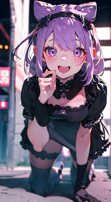 Best image quality、(((Full Body Lesbian))),Character portrait、Excellent style、Beautiful feet、Leather shoes、Dynamic Pose、, young、Gothic Lolita, (((Light purple hair))), Purple eyes, (mascara), Blunt bangs, ((Hair above the eyes)), Long Hair, Pink mixed hair、Mesh color pink、Medium chest, Frills, good、Black clothes、white bread cover、(((white bun hair accessory cover))),白いFrills, Black Theme, ((Black Chinese Dress)), Faithfully, (((Eye focus))), (((Laughter))), The background is blurred, Hollow Eyes, Black Theme、Displaying the viewer, (((night))), (((hair ornaments))), Neatly cut bangs