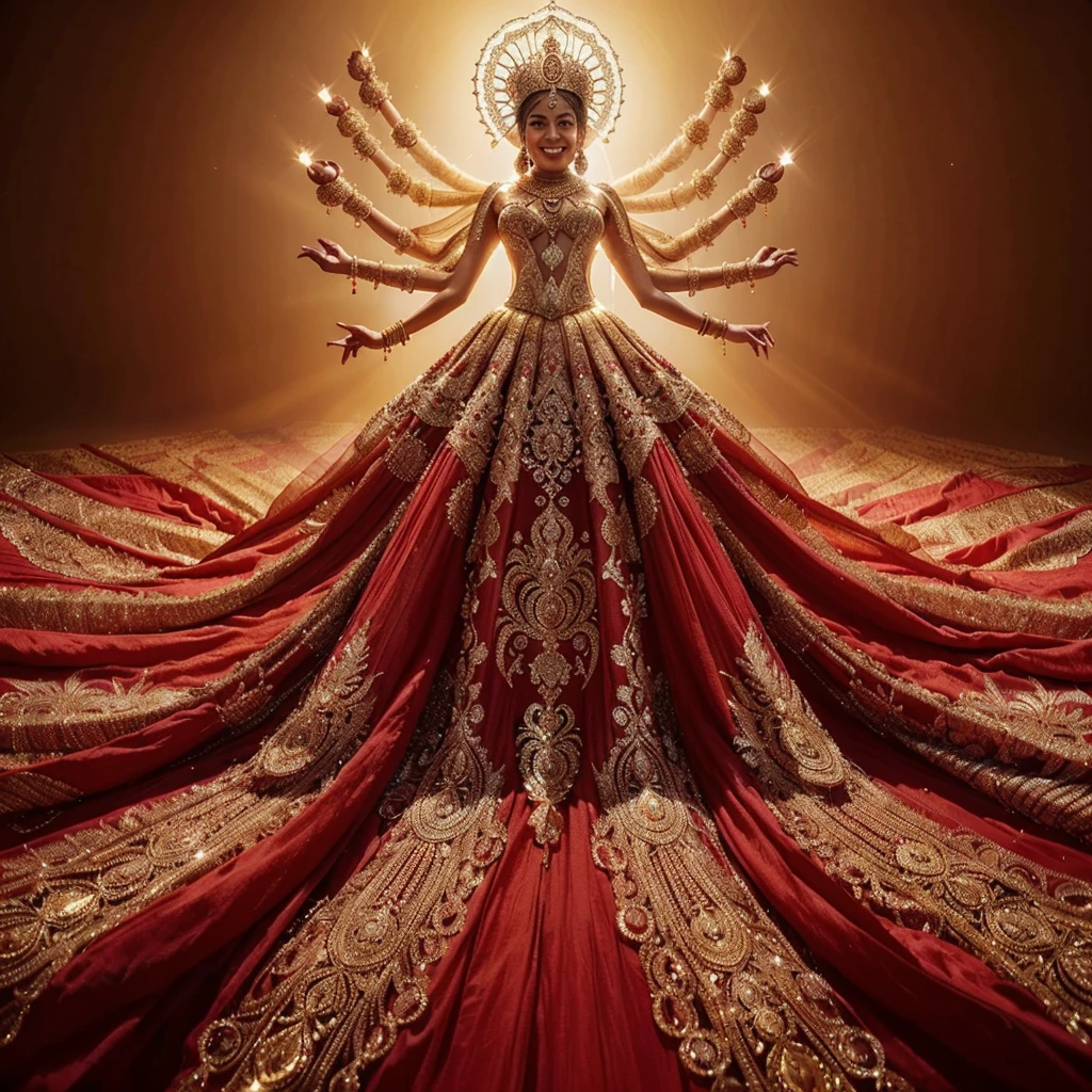 A stunning (((Indian woman with gorgeous stunning smiling face))) dazzles in an intricate red gown, rich with flowing layers and elaborate patterns, embodying Ganesh in grand fashion. Her head, crowned with a gorgeous golden headpiece, is illuminated dramatically. Crystallized human arms extend from her back, while opulent gold jewelry and golden boots complete the look. The shot, taken from beneath, highlights her gown's magnificent descent and her gorgeous face, creating a divine and cohesive fashion masterpiece.