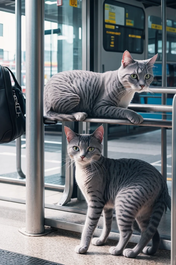 gray cat in a bus station 