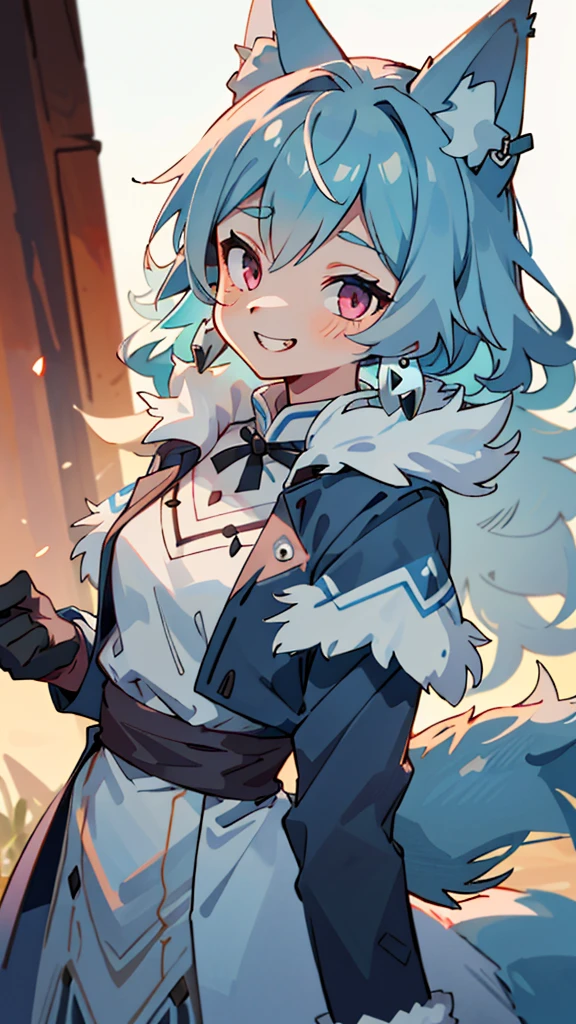 1 Girl、(Female wolf:1.5)、 (Light blue fur:1.3)、 (Fluffy tail:1.2)、Small breasts、Pink Eyes、Grin、Blue Earrings、Fluffy animal ears、Long coat、Black gloves、Upper body close-up、Sharp contours、Park in the background、sunset、Soft lighting