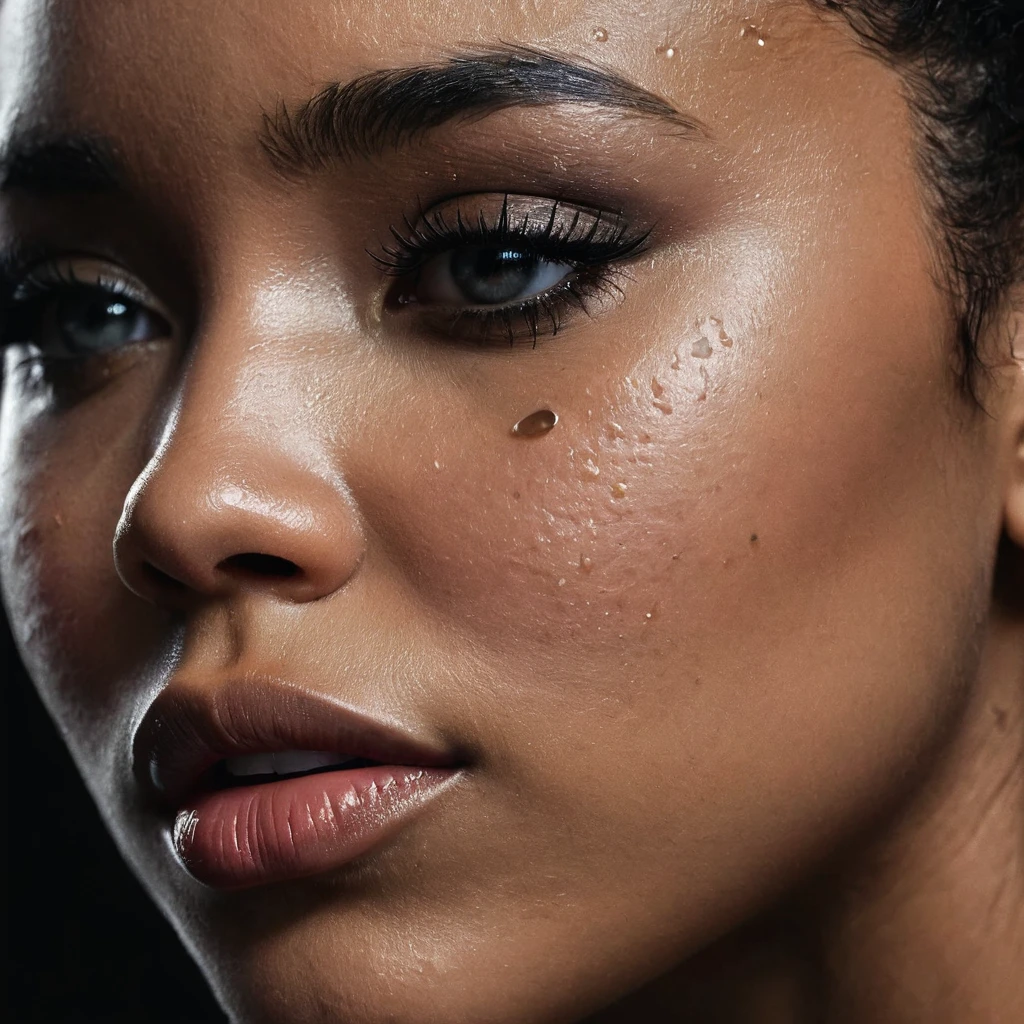 close up and zoomed in on a beautiful black girl with crying a single teardrop running down her face and a black background, sad, depressed, emotinoal, tearing up, crying, close up on side profile only showing cheek and eyelight falling on face, noir photorealism, mysterious portrait of a woman, chiaroscuro portrait, grainy black and white photo. close up on side profile, tinashe, zoe kravitz, zoomed in on tear drop, euphoria vibes, tears, crying