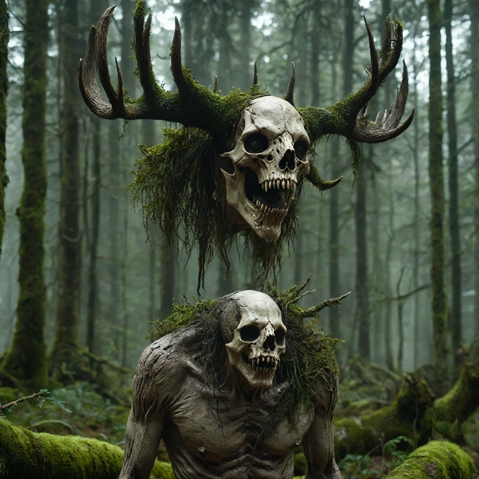 whole body portrait of scary monster made of wood,  Leshen, Use a deer skull as a face, Moss, Clothing made from human skin, Wolves as pets,  Dark and mysterious forest landscape , Fantasy, dark Fantasy , Medieval, whole body , Cinematic, give , 8K, Unreal Engine, Realistic, masterpiece, High detail, whole body , sf, Low lifespan, Volumetric lighting