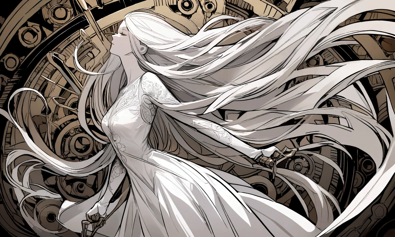 black and white drawing, Clockwork background with giant claws, beautiful woman 1, white long straight hair, white hair, wearing a white dress, the wind blows strongly, Mechanical tongs pull the body, body dragged by mechanical tongs