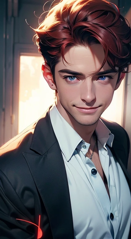 (best quality, masterpiece, 8K, photorealistic, cinematic lighting, 1:4 hdr image, ultra detailed, beautiful image), a mature man, 25 years very handsome, ((cold expression smile in love)), short red hair, blue eyes, face perfect without mistakes, ((buttoning his jacket, CEO)), smile.