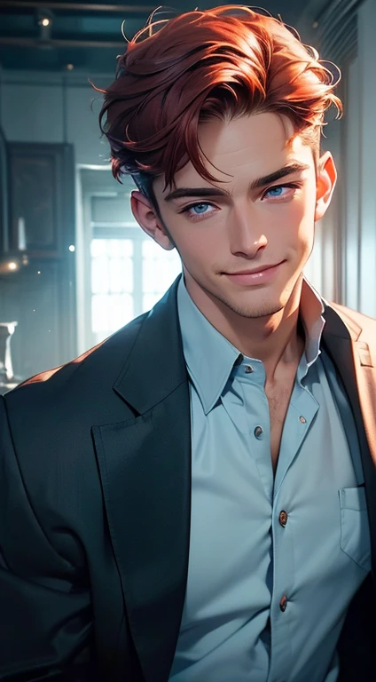 (best quality, masterpiece, 8K, photorealistic, cinematic lighting, 1:4 hdr image, ultra detailed, beautiful image), a mature man, 25 years very handsome, ((cold expression smile in love)), short red hair, blue eyes, face perfect without mistakes, ((buttoning his jacket, CEO)), smile.
