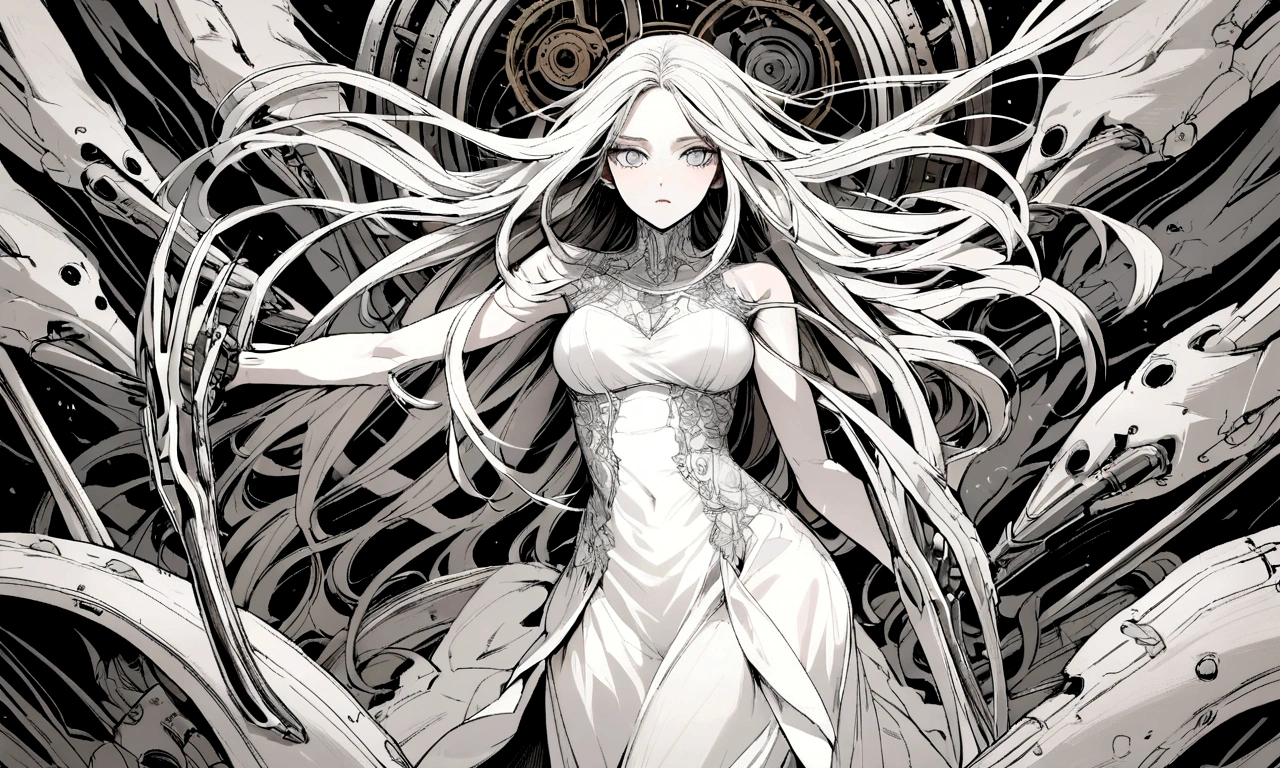 black and white drawing, Clockwork background with giant claws, beautiful woman 1, white long straight hair, white hair, wearing a white dress, the wind blows strongly, Mechanical tongs pull the body, body dragged by mechanical tongs