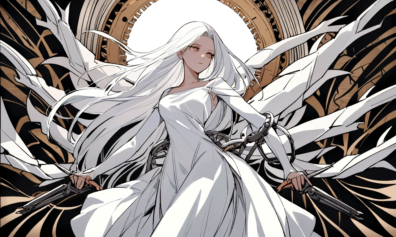 black and white drawing, Clockwork background with giant claws, beautiful woman 1, white long straight hair, white hair, wearing a white dress, the wind blows strongly, Mechanical tongs pull the body, body dragged by mechanical tongs
