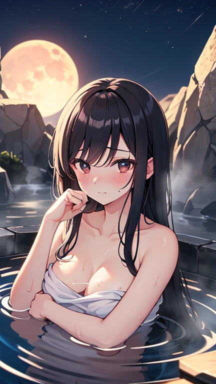 masterpiece,Highest quality,High resolution,shape,Very detailed,8k CG wallpaper,Ray Tracing,(Black Hair:1.1),((Long Hair:1.1)),(black eye:1.1),Straight hair,Medium Chest,),cover your chest with your hands,((Embarrassing:1.2)),((Soak in hot water:1.2)), Nighttime hot springs,moon,back,look back,towel