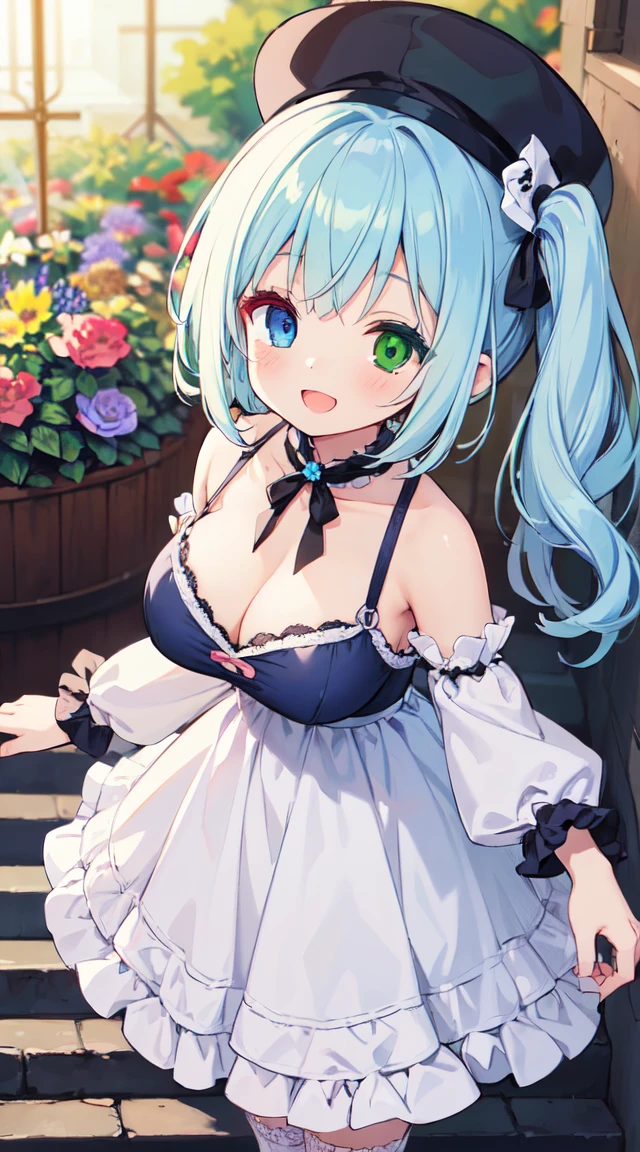 (super fine illustration:1.2),(masterpiece, 8k), (best quality, high quality:1.4), perfect anatomy, hyper detailed, ultra detailed,masterpiece background,beautiful detailed background, v8k wallpaper,perfect design,award-winning art,atmospheric,
BREAK Beauty 1 Girl,Solo,(Cute:1.5),(Chibi:0.6),(kawaii:1.5),(:0.5),BREAK,(17 yl),Very detailed,colourfull,highest details,Clear skin,Beautiful skin,Shy,Very detailed,colourfull,highest details,BREAK,Clear skin,Beautiful skin,Shy skin,1 beautiful girl,(Heterochromia,blue eyes,green eyes:1.75),star eye silhouette,BREAK (pale blue hair, Medium length:1.4),(side ponytail,A little curly hair,Princess Cut, crossed bangs:1.3),(cleavage of the breast,Big breasts,Beautiful breasts,Large breasts:1.5),(long eyelashes, Double eyelids:1.2),Solo,gleaming skin, Clear skin, Beautiful skin,(best quality face),(Top quality glowing eyes), (The best smile,:D:1.45),
BREAK, (music motif inspired:1.2), white lace, (closed collar long-sleeved blouse:1.2) with frilled and ribbon, a volumey pannier under a (musical note-pattern long dress:1.6) with (lots of layered frills:1.2) and ribbons, (lace ruffle socks:1.2), music-themed accessories, hat, platform shoes,BREAK, (flower garden:1.8), (magic circle:1.3), (fantasy:1.5), (long shot:1.5), Midday, (light rays:1.2), lights, blue sky, wind, fluttering petals, illusion effect, magic effect,
BREAK,wakame,wakame,wakame,(looking up,from front:1.5)
(going up on stairs:1.5),
BREAK,(Blurry background:1.3),(absurderes, hight resolution, Super Detail Art),cel shading,Clear Color, Lonely optical effect, Beautiful pictures, Bright glow, mystic atmosphere,(Close-up of girl:1.1), Mystical light particle effect,manga influence, clean line drawings,