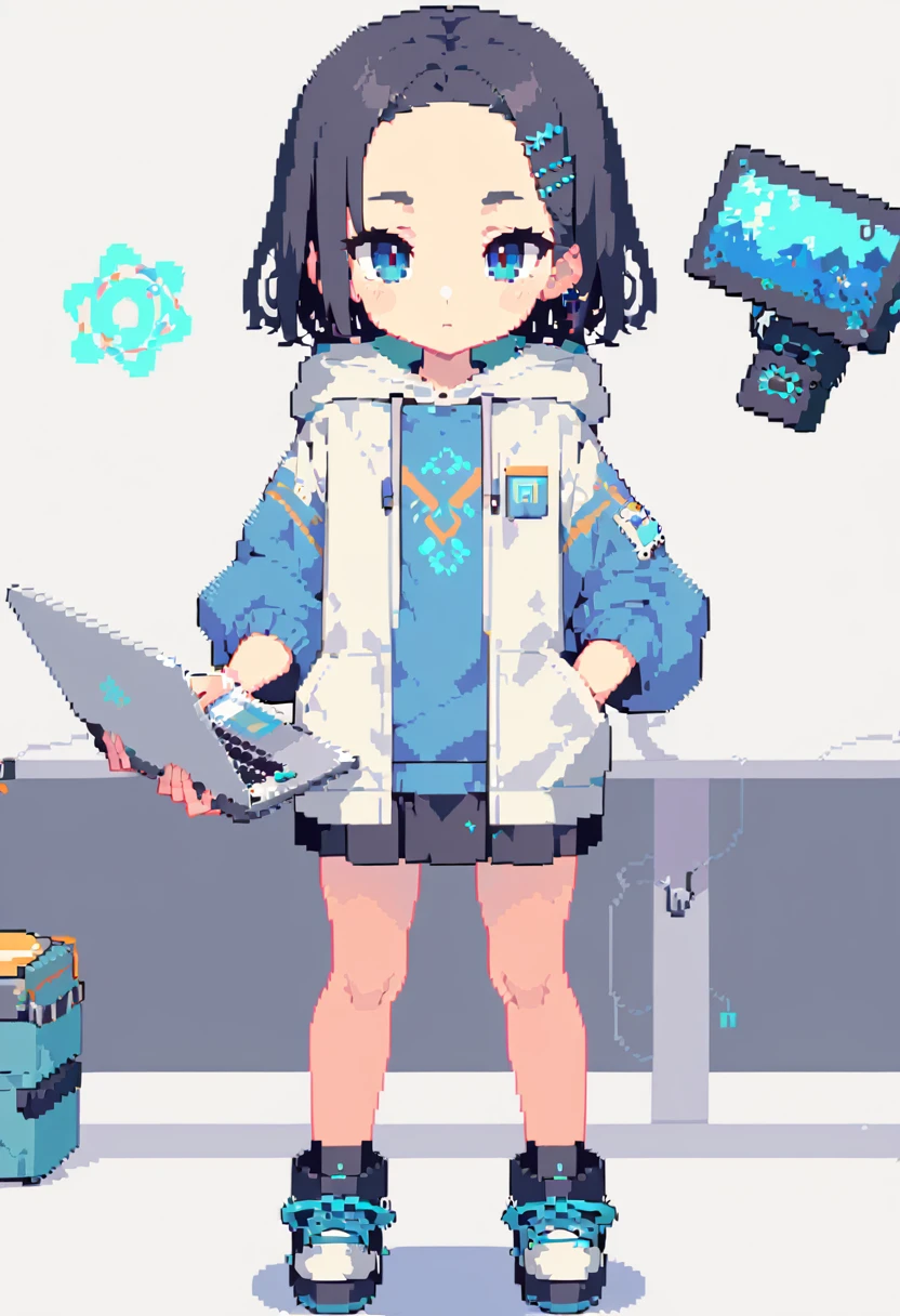 Pixel Art, An anime-style cool young man with a visible forehead and hair clip with short bluely black hair, sharp blue eyes, in hoodie, standing straight, holding a laptop PC, electronic near-future vibe.