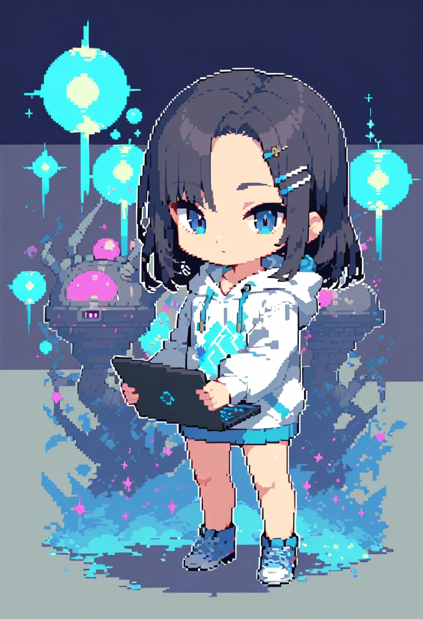 Pixel Art, An anime-style cool young man with a visible forehead and hair clip with short bluely black hair, sharp blue eyes, in hoodie, standing straight, holding a laptop PC, electronic near-future vibe.