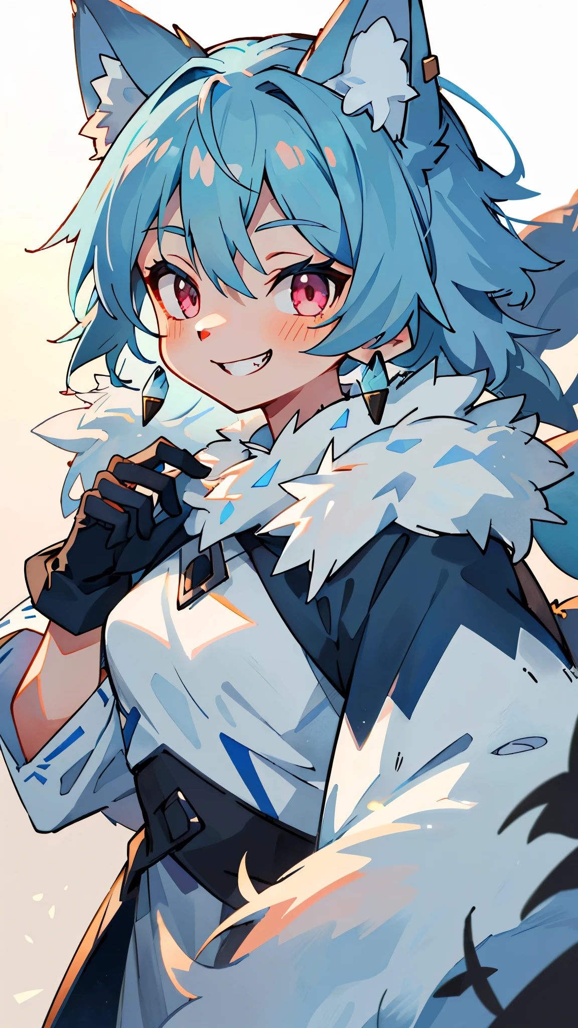 1 Girl、(Female wolf:1.5)、 (Light blue fur:1.3)、 (Fluffy tail:1.2)、Small breasts、Pink Eyes、Grin、Blue Earrings、Fluffy animal ears、Long coat、Black gloves、Upper body close-up、Sharp contours、Park in the background、sunset、Soft lighting