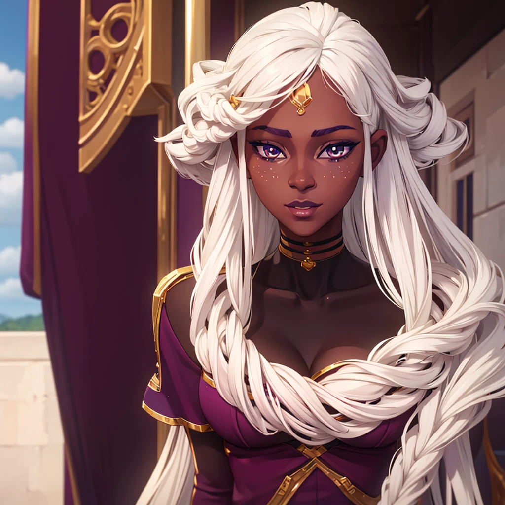 darkskin, woman with dark and tanned skin, long curly white hair, Delicate Eyes, Grinning + purples eyes + delicate features anime