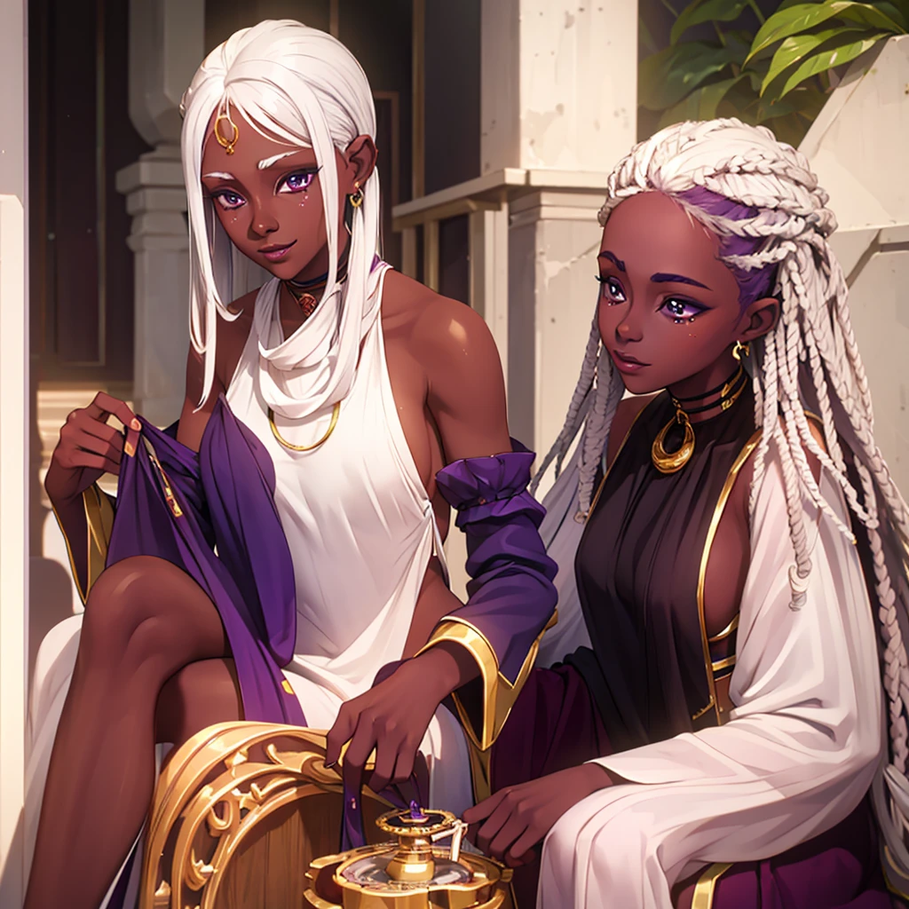 darkskin, woman with dark and tanned skin, long curly white hair, Delicate Eyes, Grinning + purples eyes + delicate features anime