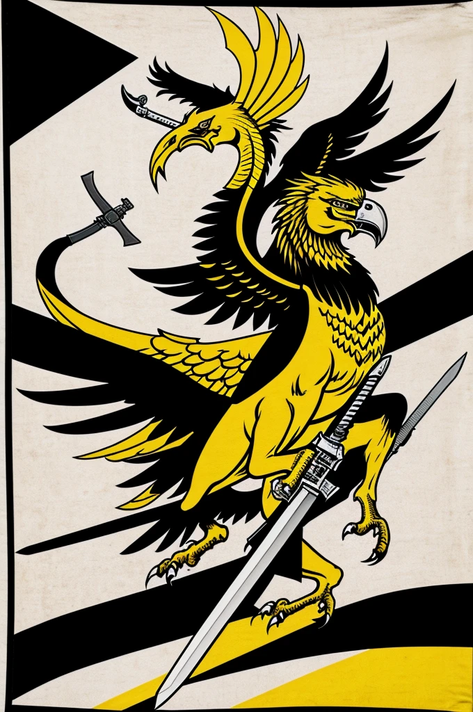 A horizontally positioned flag divided between black white and yellow colors with a griffin that is holding a sword and a gun that is waving in the wind