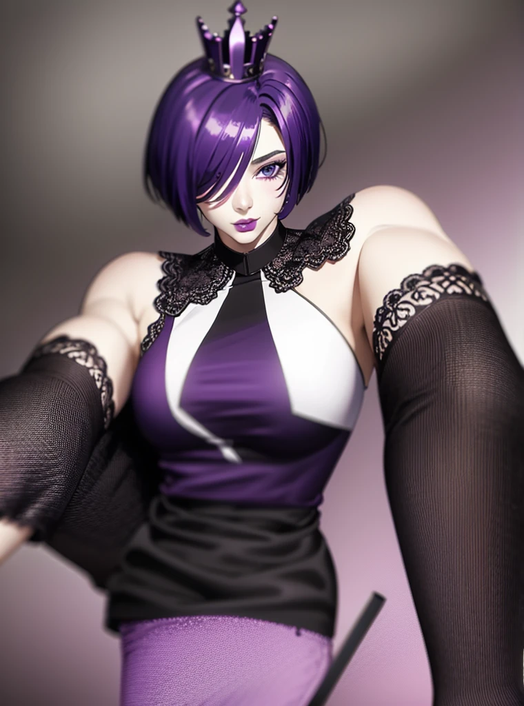 1 girl with short hair half white and half dark purple, with a dark sports shirt, dark purple eyeliner, an infernal crown on her head, black shorts and heels, a cape, mesh stockings, long ones, delicious, with black and purple marks on the skin