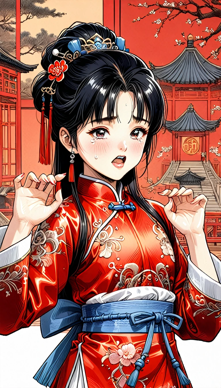 8k Tragic Historical Drama: Beautiful Palace Secrets A beautiful 10-year-old Chinese kung fu girl with long black hair is forced to have sex with the demon king Gorgeous embroidery, Ultra glossy, She is wearing a shiny red long-sleeved royal Chinese jacket..... She cries loudly and gives up She has pubic hair