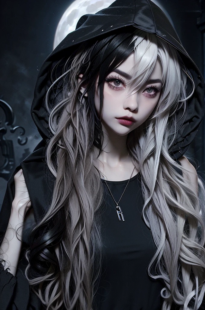 ((best quality)), ((masterpiece)), (detailed), 1girl, solo, beautiful, gothic, witch, gloomy, Asian woman, mature woman, black clothing, hooded black robe, modest clothing, hood up, goddess of death, blank expression, stoic expression, serious expression, split dye hair, multicolored hair, black and white hair, black dye on right side, white hair on left side, messy hair, bangs, black eyebrows, thick eyebrows, long eyelashes, grey eyes, dark circles under eyes, plump lips, red lipstick, red lips, no skin showing, skinny, pale skin, thin, sickly looking, looking at viewer, holding scythe, in graveyard, Wylona Hayashi, all black clothing, black hood, full body shot, cemetery background, standing, standing in a cemetery, holding scythe, windy, wind blowing, black long sleeves, black witch clothing, black religious clothing, moon background