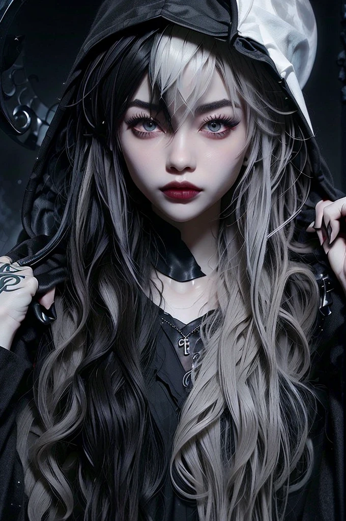 ((best quality)), ((masterpiece)), (detailed), 1girl, solo, beautiful, gothic, witch, gloomy, Asian woman, mature woman, black clothing, hooded black robe, modest clothing, hood up, goddess of death, blank expression, stoic expression, serious expression, split dye hair, multicolored hair, black and white hair, black dye on right side, white hair on left side, messy hair, bangs, black eyebrows, thick eyebrows, long eyelashes, grey eyes, dark circles under eyes, plump lips, red lipstick, red lips, no skin showing, skinny, pale skin, thin, sickly looking, looking at viewer, holding scythe, in graveyard, Wylona Hayashi, all black clothing, black hood, full body shot, cemetery background, standing, standing in a cemetery, holding scythe, windy, wind blowing, black long sleeves, black witch clothing, black religious clothing, moon background