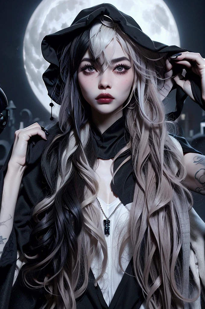 ((best quality)), ((masterpiece)), (detailed), 1girl, solo, beautiful, gothic, witch, gloomy, Asian woman, mature woman, black clothing, hooded black robe, modest clothing, hood up, goddess of death, blank expression, stoic expression, serious expression, split dye hair, multicolored hair, black and white hair, black dye on right side, white hair on left side, messy hair, bangs, black eyebrows, thick eyebrows, long eyelashes, grey eyes, dark circles under eyes, plump lips, red lipstick, red lips, no skin showing, skinny, pale skin, thin, sickly looking, looking at viewer, holding scythe, in graveyard, Wylona Hayashi, all black clothing, black hood, full body shot, cemetery background, standing, standing in a cemetery, holding scythe, windy, wind blowing, black long sleeves, black witch clothing, black religious clothing, moon background