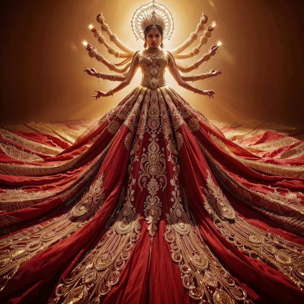 A stunning (((Indian woman with gorgeous stunning face))) dazzles in an intricate red gown, rich with flowing layers and elaborate patterns, embodying Ganesh in grand fashion. Her head, crowned with a gorgeous golden headpiece, is illuminated dramatically. Crystallized human arms extend from her back, while opulent gold jewelry and golden boots complete the look. The shot, taken from beneath, highlights her gown's magnificent descent and her gorgeous face, creating a divine and cohesive fashion masterpiece.
