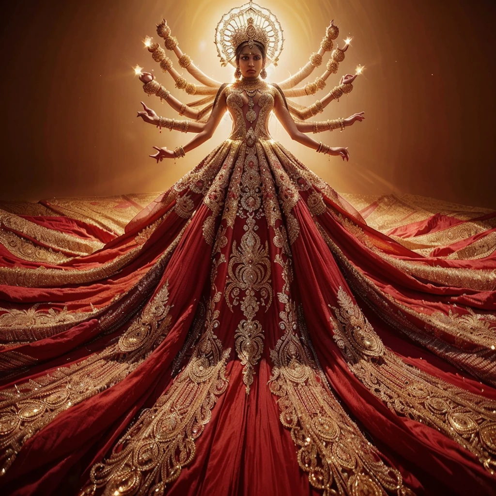 A stunning (((Indian woman with gorgeous stunning face))) dazzles in an intricate red gown, rich with flowing layers and elaborate patterns, embodying Ganesh in grand fashion. Her head, crowned with a gorgeous golden headpiece, is illuminated dramatically. Crystallized human arms extend from her back, while opulent gold jewelry and golden boots complete the look. The shot, taken from beneath, highlights her gown's magnificent descent and her gorgeous face, creating a divine and cohesive fashion masterpiece.