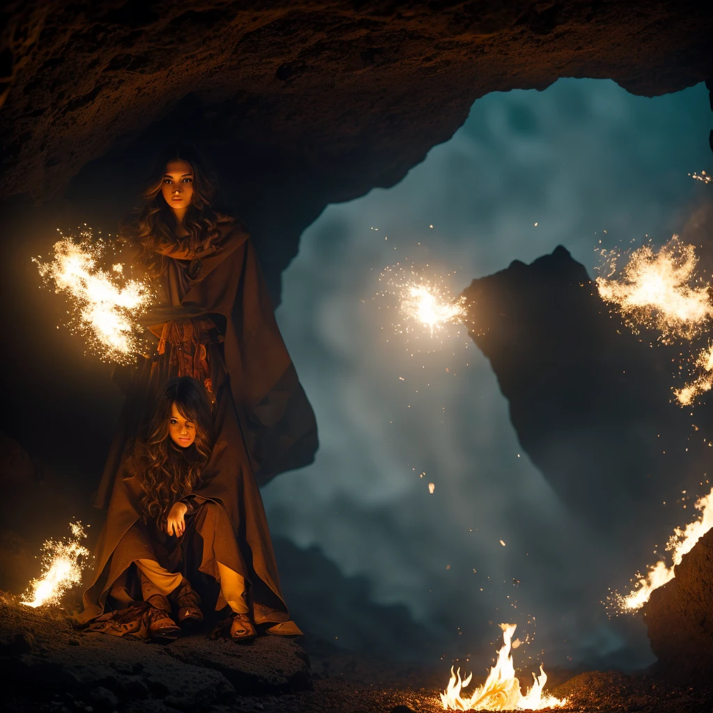 (best qualityer, work of art), (1 girl, standing alone,brown cloak, expression face, looking away, sitting down, wide sleeves, eyes black, cloused mouth, Ribbon-shaped fire on the head, long hair, cowboy shot), (monochrome, Night sky at cave entrance , light rising from the bottom, inside a cave, Floating glowing bunch of white particles, Burning fire at hand, Floating many small fires),