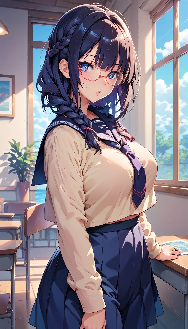 (masterpiece, best quality, ultra-detailed, high resolution, detailed eyes), takeda hiromitsu style, 1girl, braid black hair, curvy body, (school uniform), glasses, looking at viewer, cowboy shot