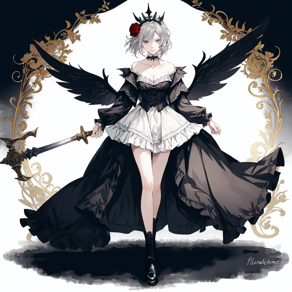  ((best quality)), ((masterpiece)), (detailed), 1girl, Character design, female, dynamic poses, long white grey hair, grey white eyes, very skinny, detailed, best quality, no accesoires around the neck, prominent collarbones, skinny arms, full body, blank white background, plain background, white background, ((red and white clothing)), Bloodborne inspired, occult aesthetic, occult, detailed and intricate steampunk and detailed gothic, Very dramatic and cinematic lighting, cosmic horror, grim-dark, side-lighting, perfect face,  Fluttering lace flared long knee length dress with frilly petticoats, knee length dress, pleated petticoats, petticoats gothic, complex lace boots, side-lighting, gothic aesthetic, wielding a mighty sword with mechanical components, mandalas, small breasts, a fairy, various different types of insect wings,full body, whole body, white holy clothes,white holy clothes,((evil smile)),