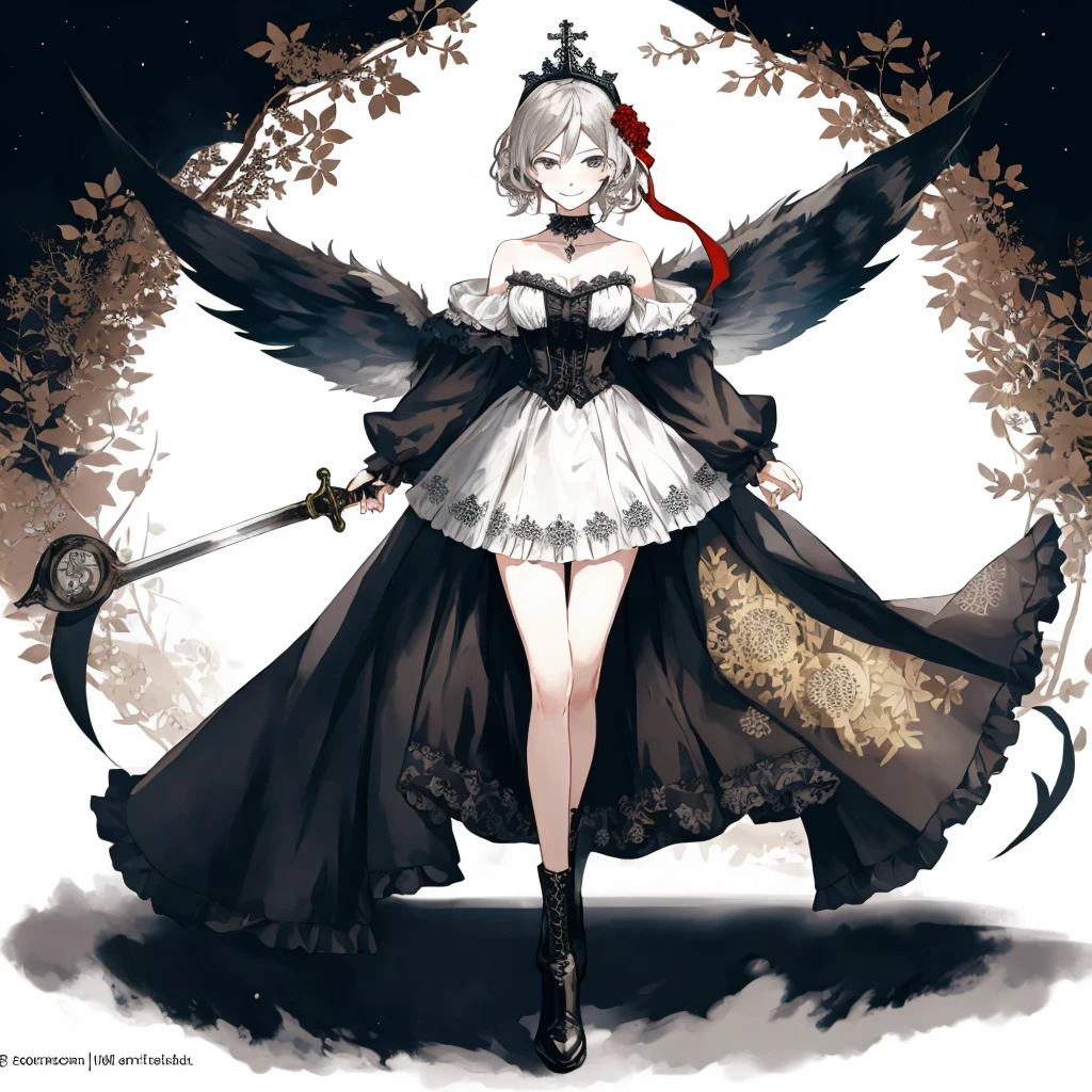 ((best quality)), ((masterpiece)), (detailed), 1girl, Character design, female, dynamic poses, long white grey hair, grey white eyes, very skinny, detailed, best quality, no accesoires around the neck, prominent collarbones, skinny arms, full body, blank white background, plain background, white background, ((red and white clothing)), Bloodborne inspired, occult aesthetic, occult, detailed and intricate steampunk and detailed gothic, Very dramatic and cinematic lighting, cosmic horror, grim-dark, side-lighting, perfect face, Fluttering lace flared long knee length dress with frilly petticoats, knee length dress, pleated petticoats, petticoats gothic, complex lace boots, side-lighting, gothic aesthetic, wielding a mighty sword with mechanical components, mandalas, small breasts, a fairy, various different types of insect wings,full body, whole body, white holy clothes,white holy clothes,((evil smile)),