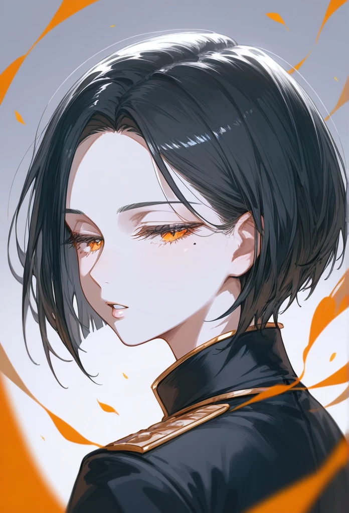 masterpiece, Score_9, Score_8_up, Score_7_up, rear view, 1 woman, alone, dark black hair, very short hair, long parted bangs, gold and orange eyes, half-closed eyes, parted lips, expressionless, pale skin, large breasts, top body,
long open bangs, with a mole under the mouth, cut style (boy), No bangs.