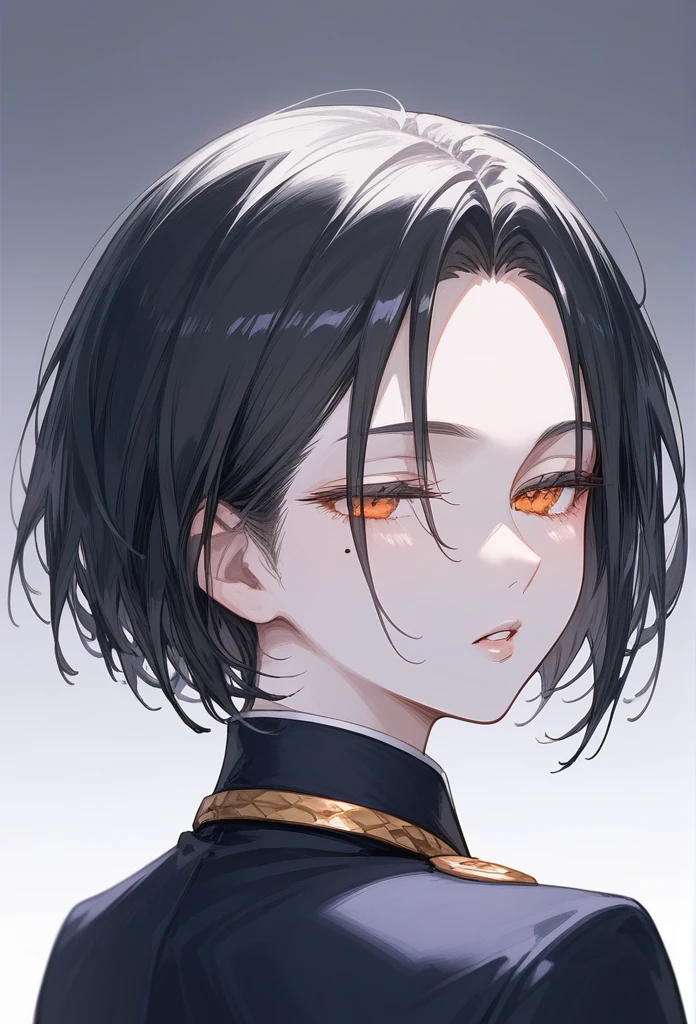 masterpiece, Score_9, Score_8_up, Score_7_up, rear view, 1 woman, alone, dark black hair, very short hair, long parted bangs, gold and orange eyes, half-closed eyes, parted lips, expressionless, pale skin, large breasts, top body,
long open bangs, with a mole under the mouth, cut style (boy), No bangs.