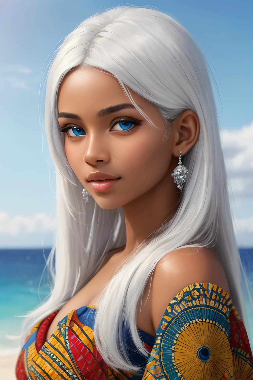 ((best quality)), ((masterpiece)), (detailed), 1girl,  brown skin, ocean blue eyes, white hair, African