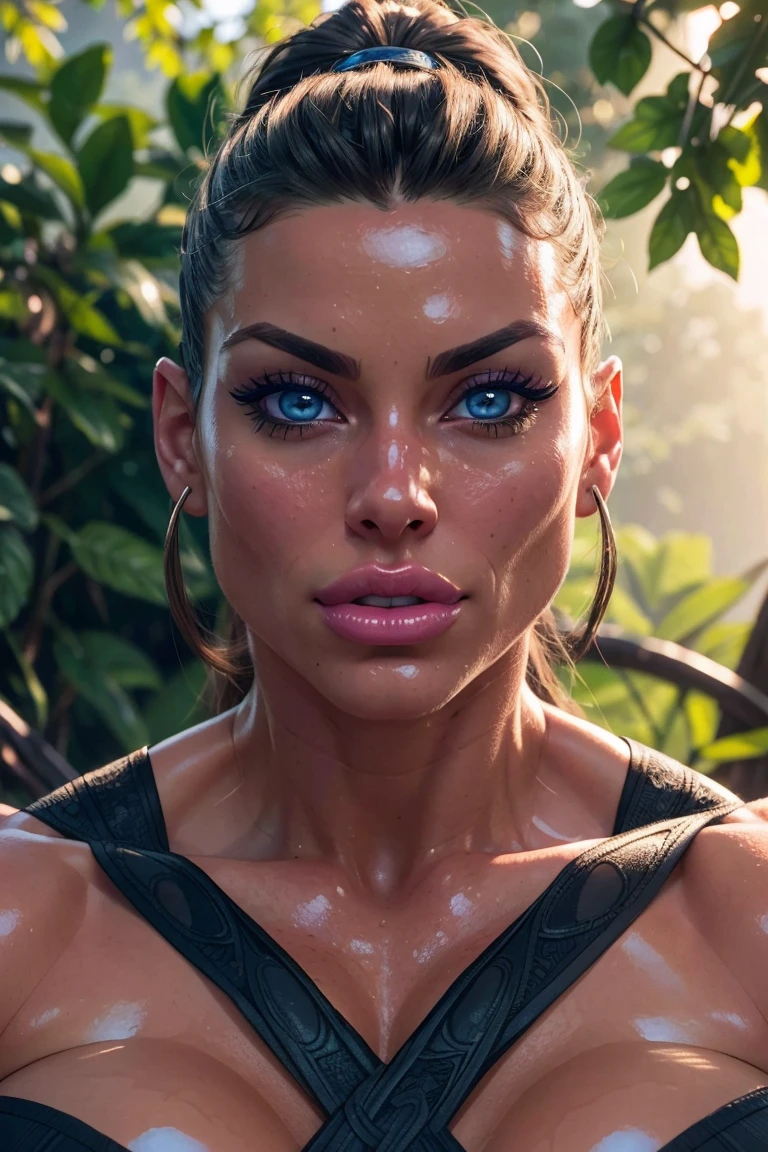 a muscular woman with beautiful detailed eyes, beautiful detailed lips, extremely detailed face, long eyelashes, serene expression, healing aura, calm demeanor, glowing skin, dynamic pose, athletic body, natural environment, lush vegetation, warm lighting, cinematic composition, digital art, concept art, 8k, high quality, photorealistic, hyperdetailed