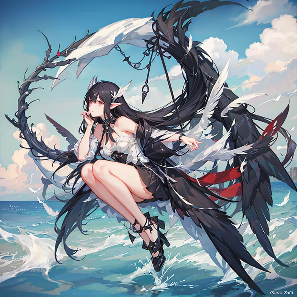 A majestic woman of mystery, with black hair, deep eyes, colorless skin, pointy ears... wings with black feathers.... sailing in a small boat in a big empty and calm sea