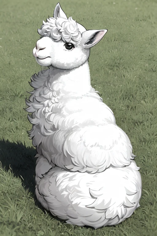 A beautiful alpaca sitting on the grass with a white background and drawing in black lines. Do not color the drawing, leave it black and white.
The alpaca must be nearby.