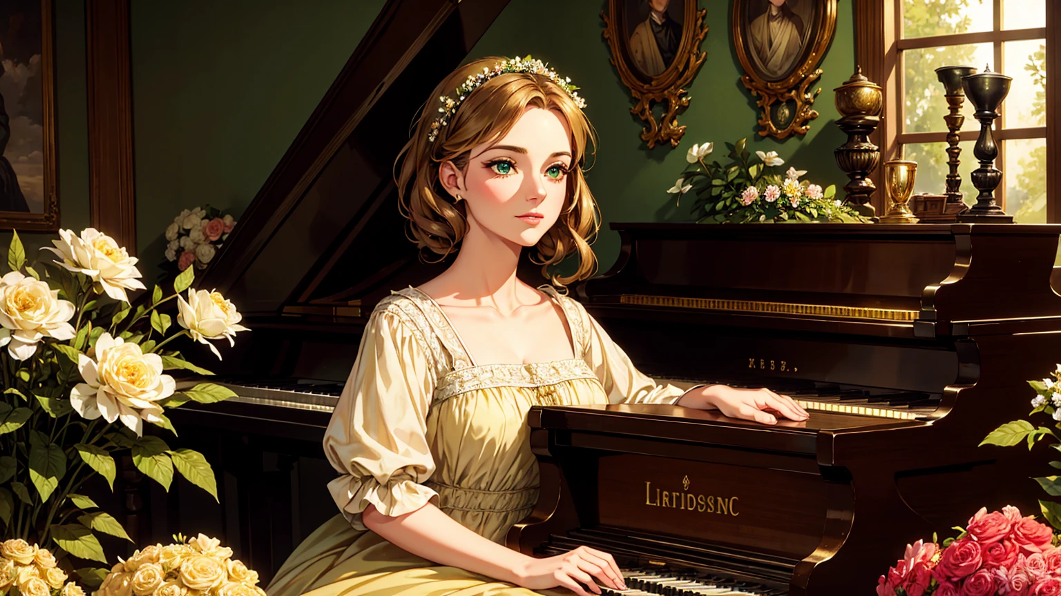A beutiful realistic scene of a lady in a old fashioned dress; her face has green and perfect eyes; the background is large and vintage, inside a ancient house with a golden piano and a lot of flowers; masterpiece.