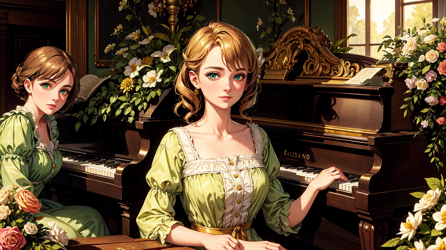 A beutiful realistic scene of a lady in a old fashioned dress; her face has green and perfect eyes; the background is large and vintage, inside a ancient house with a golden piano and a lot of flowers; masterpiece.