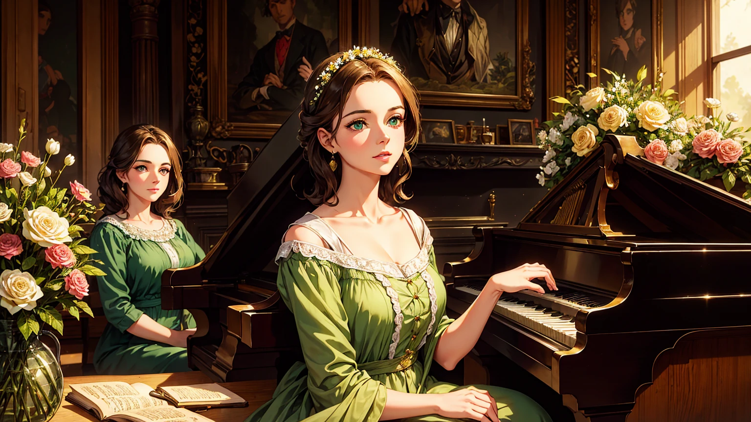 A beutiful realistic scene of a lady in a old fashioned dress; her face has green and perfect eyes; the background is large and vintage, inside a ancient house with a golden piano and a lot of flowers; masterpiece.