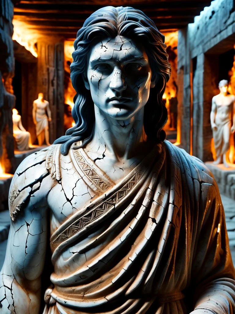 greek male closeup statue, in a dark cave with dim light, 800bc, closeup cracks in statue with ral-lava, lava dripping through the cracks ral-porcelain, at night, gray robes, long black hair, black hair, blue eyes, bright blue eyes