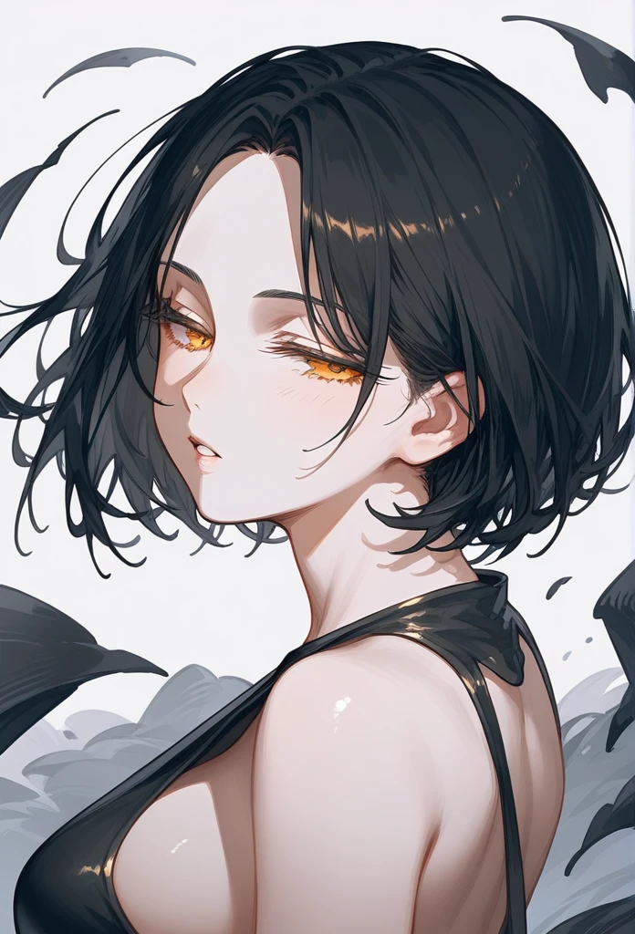 
masterpiece, Score_9, Score_8_up, Score_7_up, rear view, 1 woman, alone, dark black hair, very short hair, long parted bangs, gold and orange eyes, half-closed eyes, parted lips, expressionless, pale skin, large breasts, top body,
 long open bangs, with a mole under the mouth, cut style (boy), No bangs.