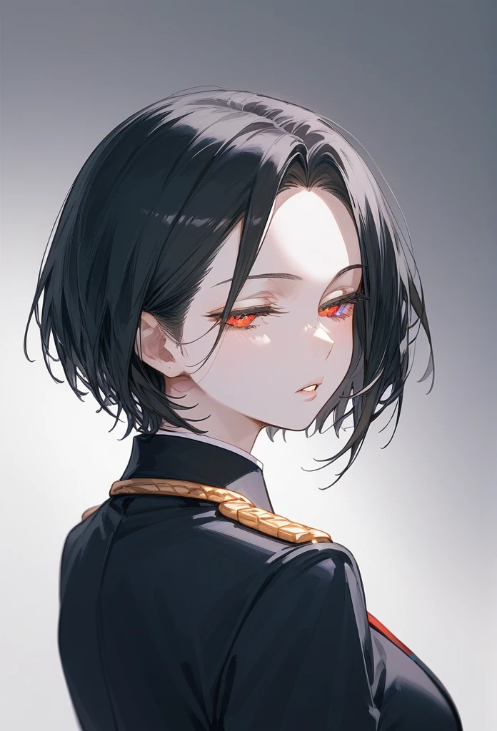 masterpiece, Score_9, Score_8_up, Score_7_up, rear view, 1 woman, alone, dark black hair, very short hair, long parted bangs, gold and orange eyes, half-closed eyes, parted lips, expressionless, pale skin, large breasts, top body,
long open bangs, with a mole under the mouth, cut style (boy), No bangs.